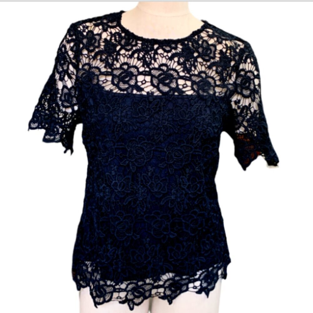 Nanette Lepore Black Guipure Lace Short Sleeve Top‎ Sz L #17E